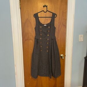 Double breasted linen dress in gray/brown check pinafore dress. Linennaive.